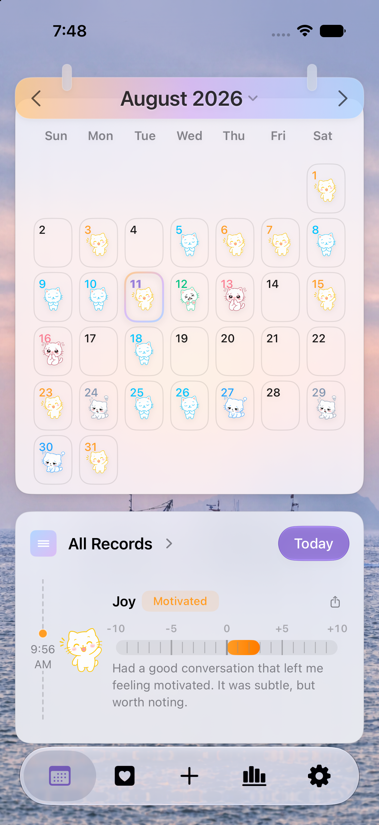MoodFlow calendar and daily mood entry on iPhone