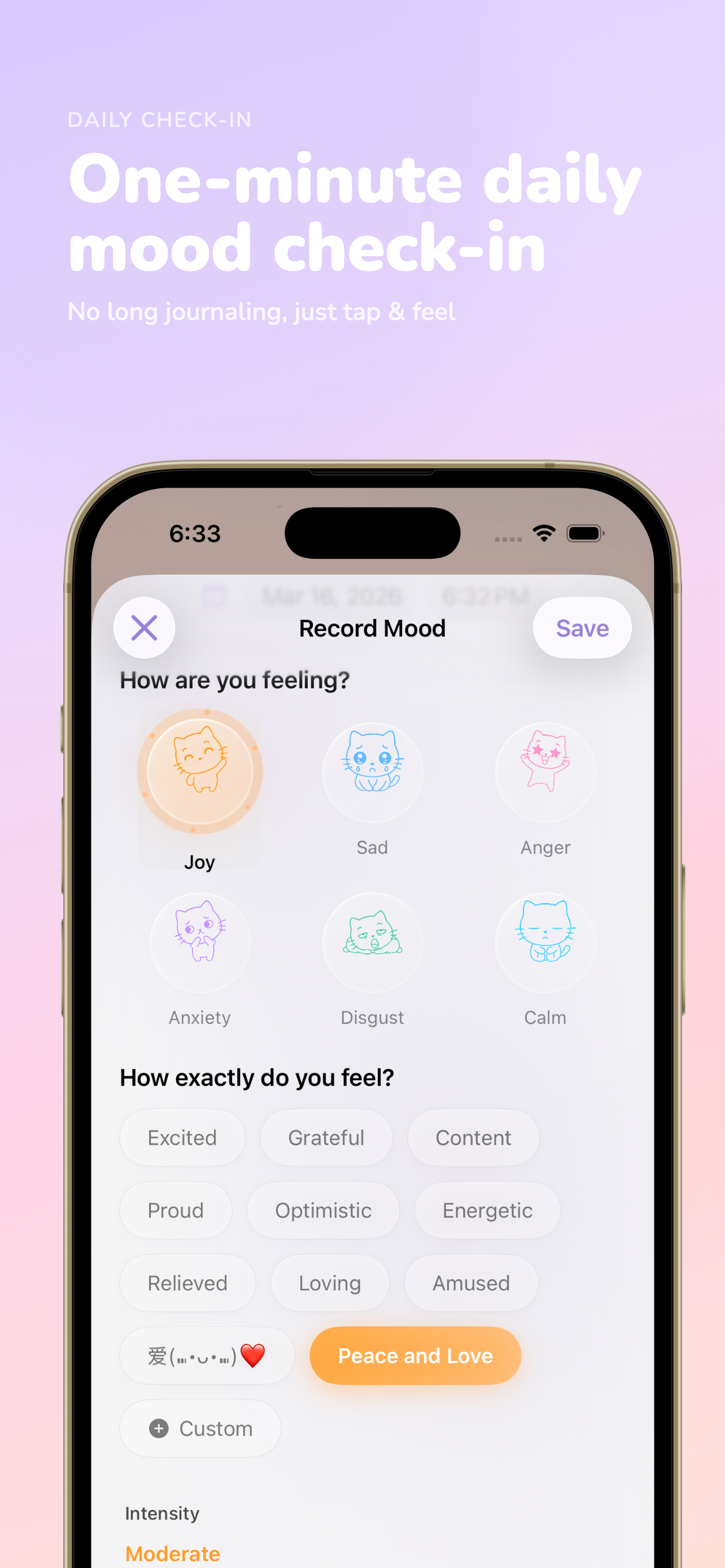 MoodFlow check-in screen for logging feelings